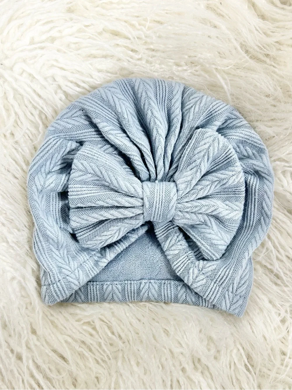 Light Blue Textured Knit Baby Turban Hat with Big Bow